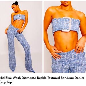 PRETTYLITTLETHING Mid Blue Wash Diamante Buckle Textured Bandeau Denim Crop Top